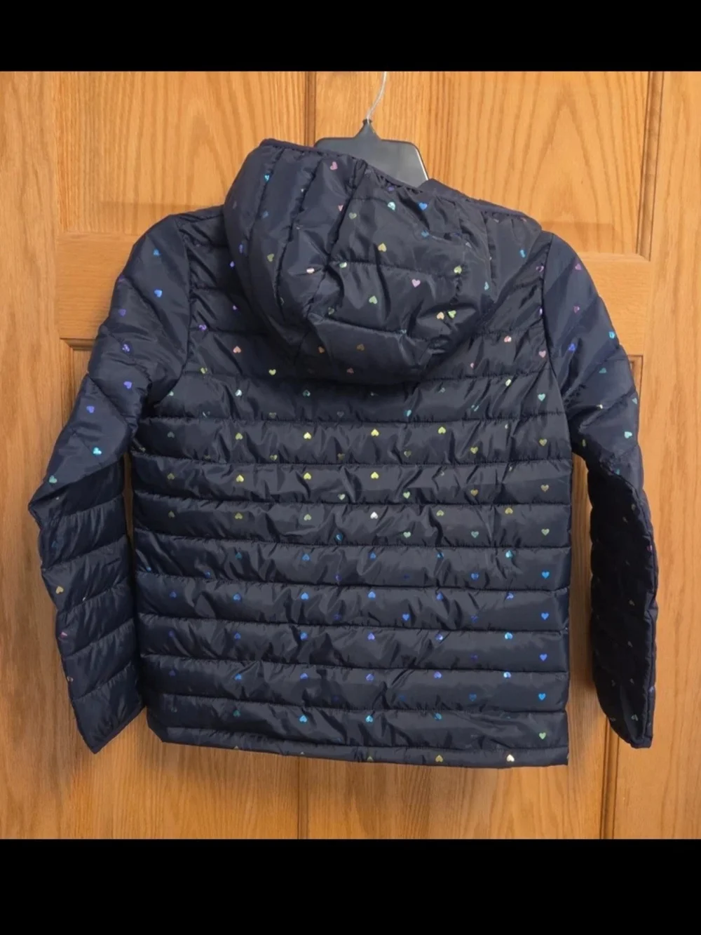 GAP Black Hooded Puffer Jacket with Multicolor Heart Accents